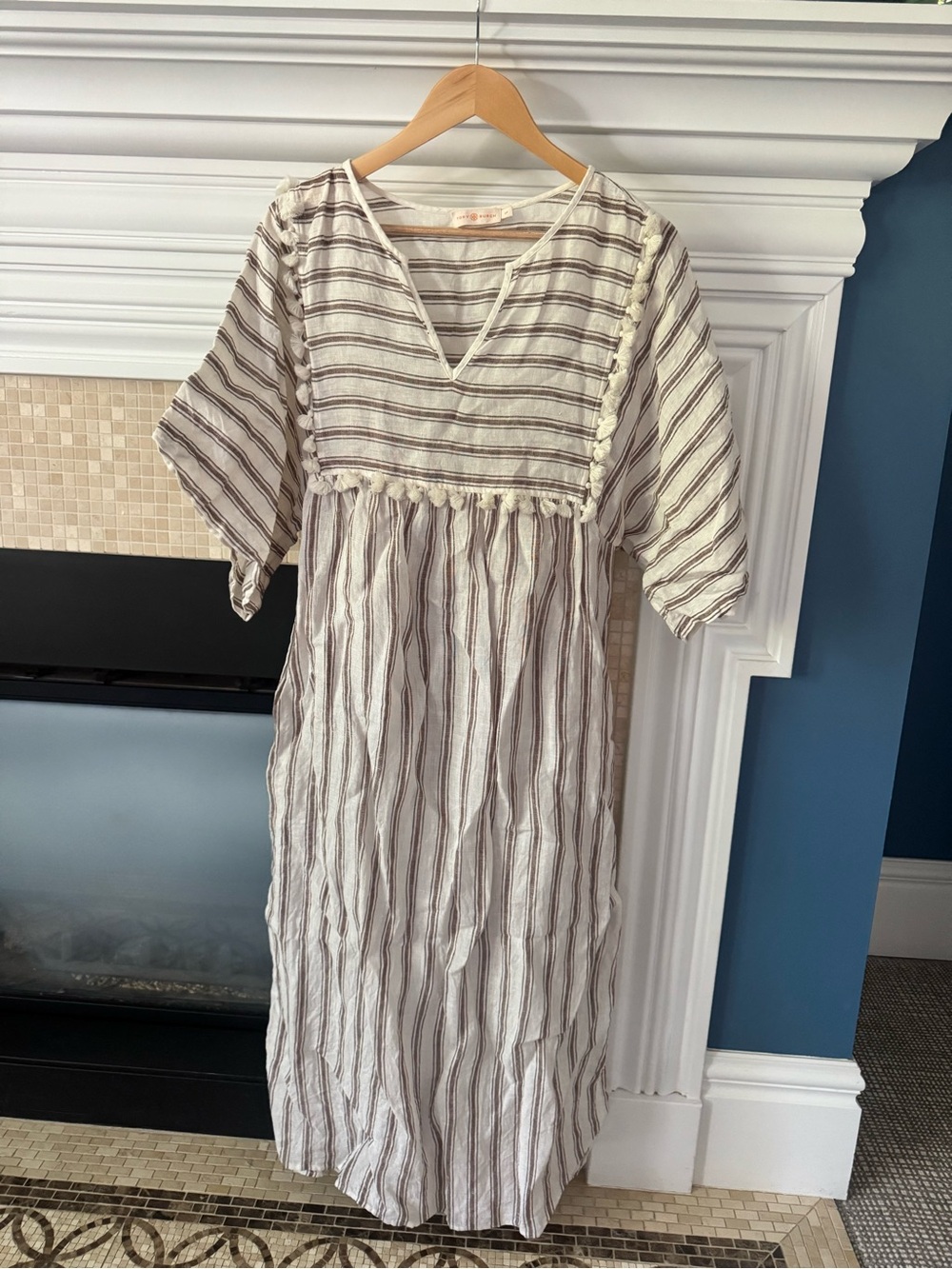 Tory Burch Cream and Brown Striped linen kaftan size small